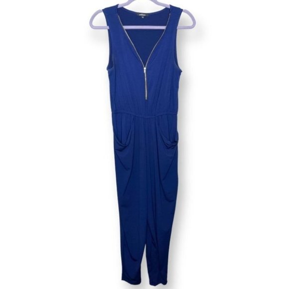 Ambiance Juniors M Royal Blue Sleeveless 1/4 Zip Draped Pockets Flowy Jumpsuit - Picture 1 of 10